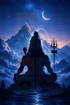 Lord Shiva Meditating Digital Art PNG | Himalayas Night Sky Silhouette Painting | Mahadev Trishul Mount Kailash Wall Art | Spiritual Poster | Commercial Use | 10000x14999px 300DPI
