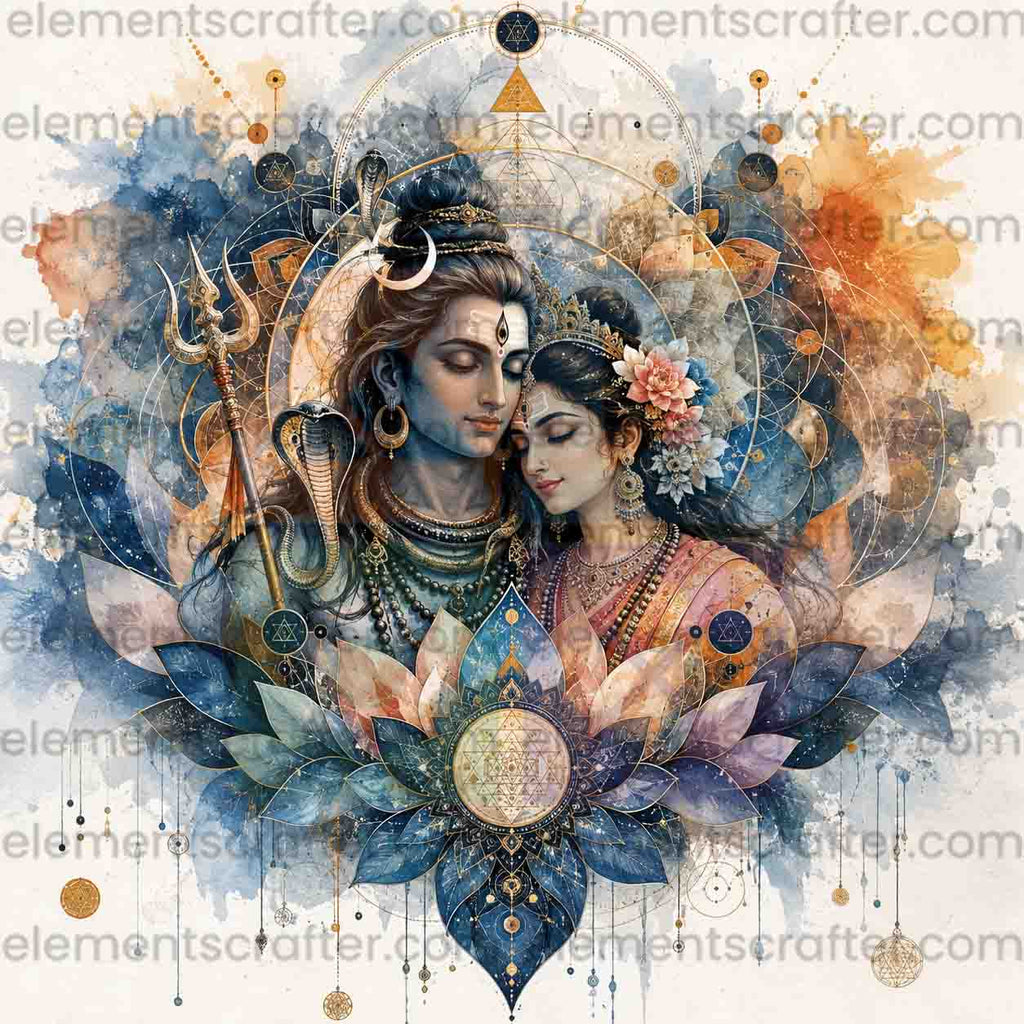 Shiva Parvati Watercolor Art PNG | Divine Couple Sacred Geometry Sri Yantra Design | Spiritual Union Lotus Mandala Wall Art | Boho Devotional Poster | Commercial Use | 15000x15000px 300DPI
