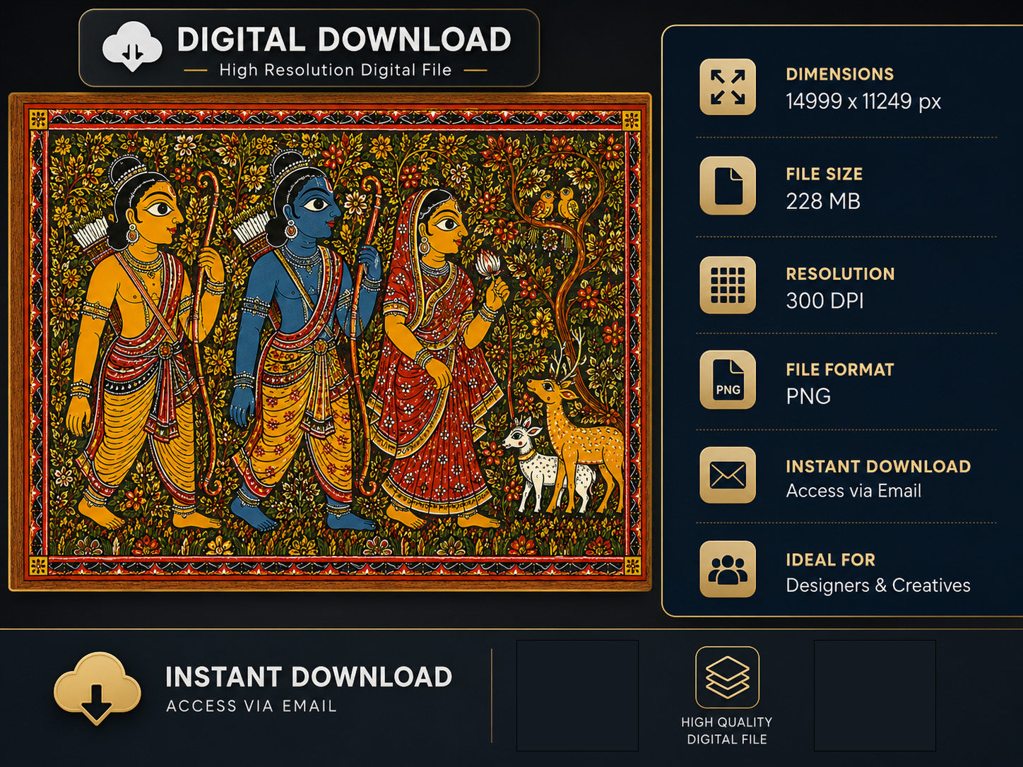 Lord Rama Lakshmana and Sita walking through forest digital art, traditional Pattachitra style Ramayana painting with deer, high resolution 300 DPI PNG wall art