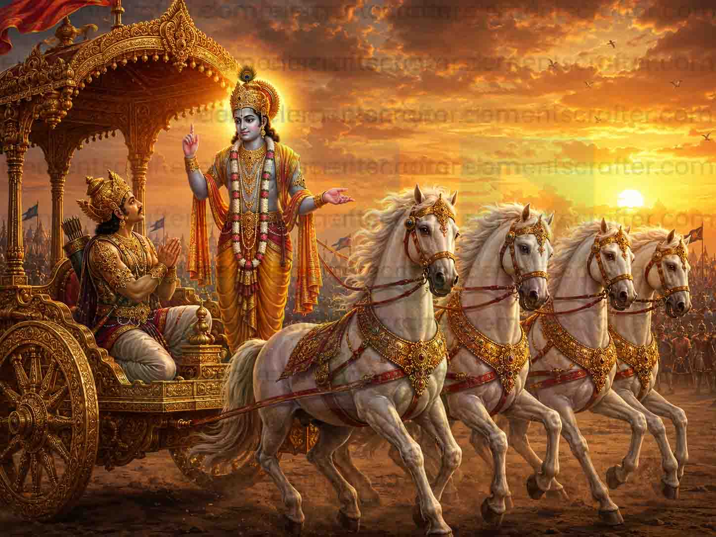 Krishna Arjuna Bhagavad Gita Digital Art PNG | Kurukshetra Chariot Battlefield Painting | Geeta Updesh Mahabharata Wall Art | Golden Sunset Poster | Commercial Use | 14999x11249px 300DPI