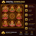 Ashtalakshmi digital art showing eight forms of Goddess Lakshmi in circular frames with Shri Yantra center, high resolution 300 DPI PNG wall art