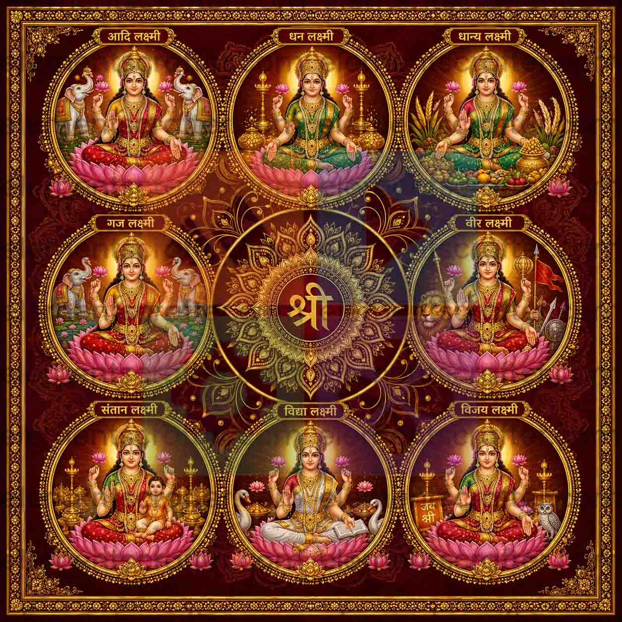Ashtalakshmi Digital Art PNG | Eight Forms of Goddess Lakshmi Mandala Design | Adi Dhana Gaja Vidya Lakshmi Wall Art | Diwali Prosperity Poster | Commercial Use | 15000x15000px 300DPI