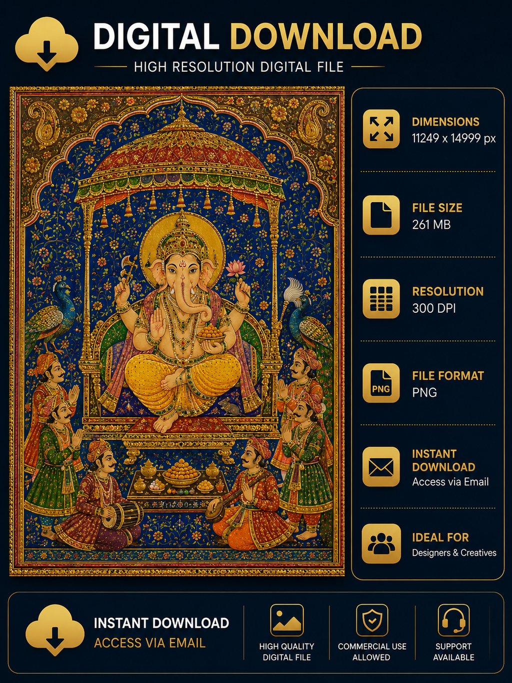 Lord Ganesha royal durbar digital art, Rajasthani miniature style painting with peacocks and courtiers, high resolution 300 DPI PNG wall art