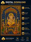 Lord Ganesha royal durbar digital art, Rajasthani miniature style painting with peacocks and courtiers, high resolution 300 DPI PNG wall art