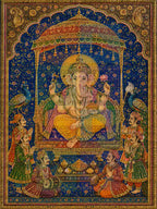 Lord Ganesha Royal Durbar Digital Art PNG | Rajasthani Miniature Painting Blue Gold Design | Ganpati Throne Peacock Wall Art | Traditional Court Style Poster | Commercial Use | 11249x14999px 300DPI