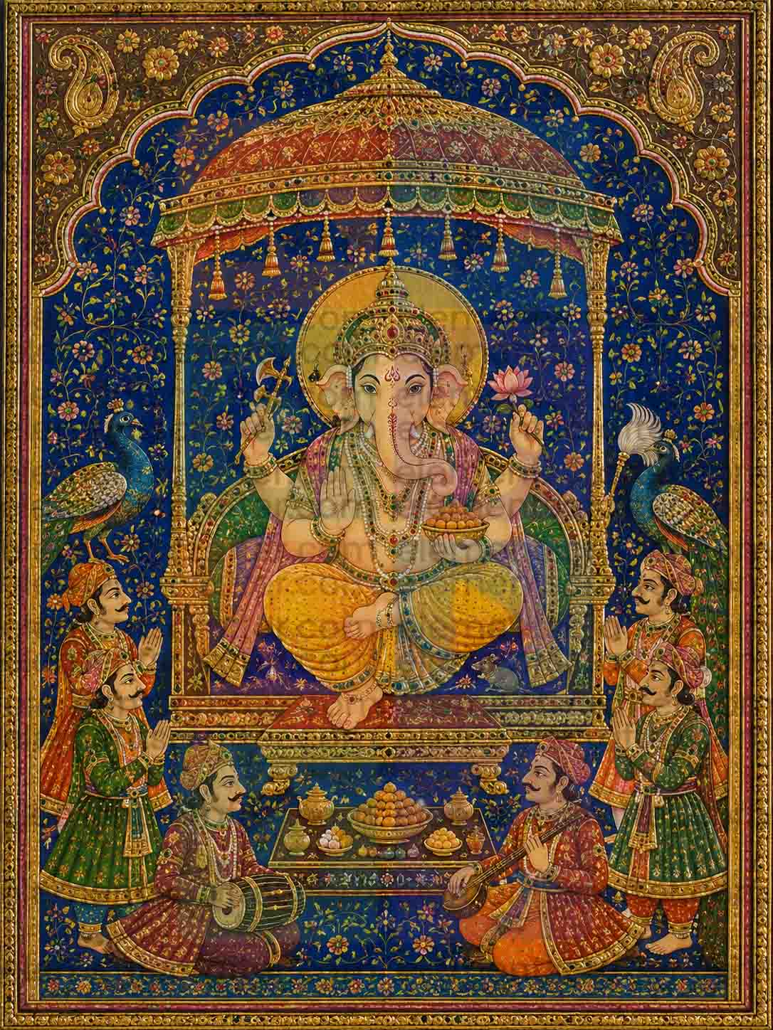 Lord Ganesha Royal Durbar Digital Art PNG | Rajasthani Miniature Painting Blue Gold Design | Ganpati Throne Peacock Wall Art | Traditional Court Style Poster | Commercial Use | 11249x14999px 300DPI