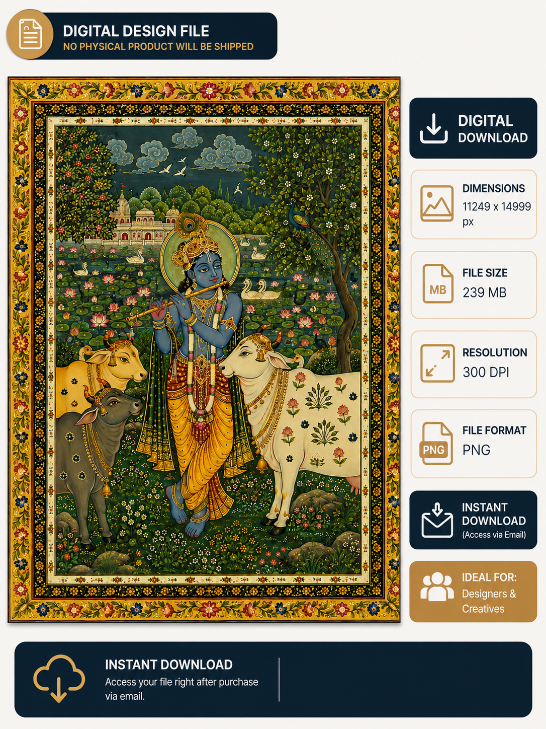 Lord Krishna playing flute with cows in Pichwai style painting, Vrindavan lotus pond and peacock digital art, high resolution 300 DPI PNG wall art