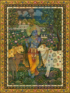 Lord Krishna with Cows Digital Art PNG | Pichwai Style Gopal Painting | Vrindavan Lotus Pond Peacock Wall Art | Traditional Nathdwara Poster | Commercial Use | 11249x14999px 300DPI