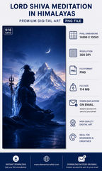 Lord Shiva Meditating in the Himalayas under the Crescent Moon with Trishul, Kailash Mountain Background, Ultra HD Spiritual Digital Artwork, High Resolution PNG, 14999x10000 Pixels, 300 DPI