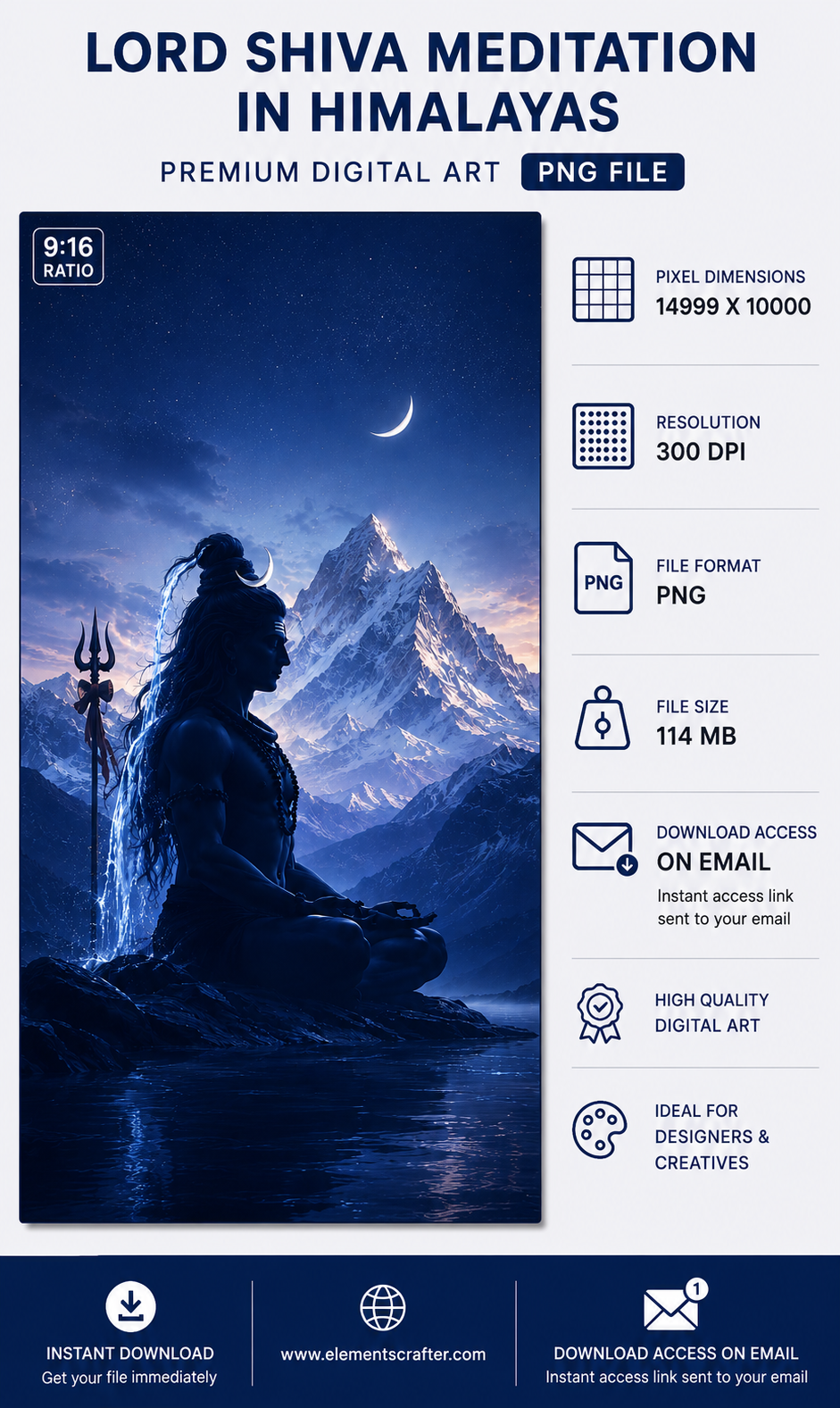 Lord Shiva Meditating in the Himalayas under the Crescent Moon with Trishul, Kailash Mountain Background, Ultra HD Spiritual Digital Artwork, High Resolution PNG, 14999x10000 Pixels, 300 DPI