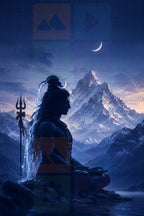 Lord Shiva Meditating in the Himalayas under the Crescent Moon with Trishul, Kailash Mountain Background, Ultra HD Spiritual Digital Artwork, High Resolution PNG, 14999x10000 Pixels, 300 DPI