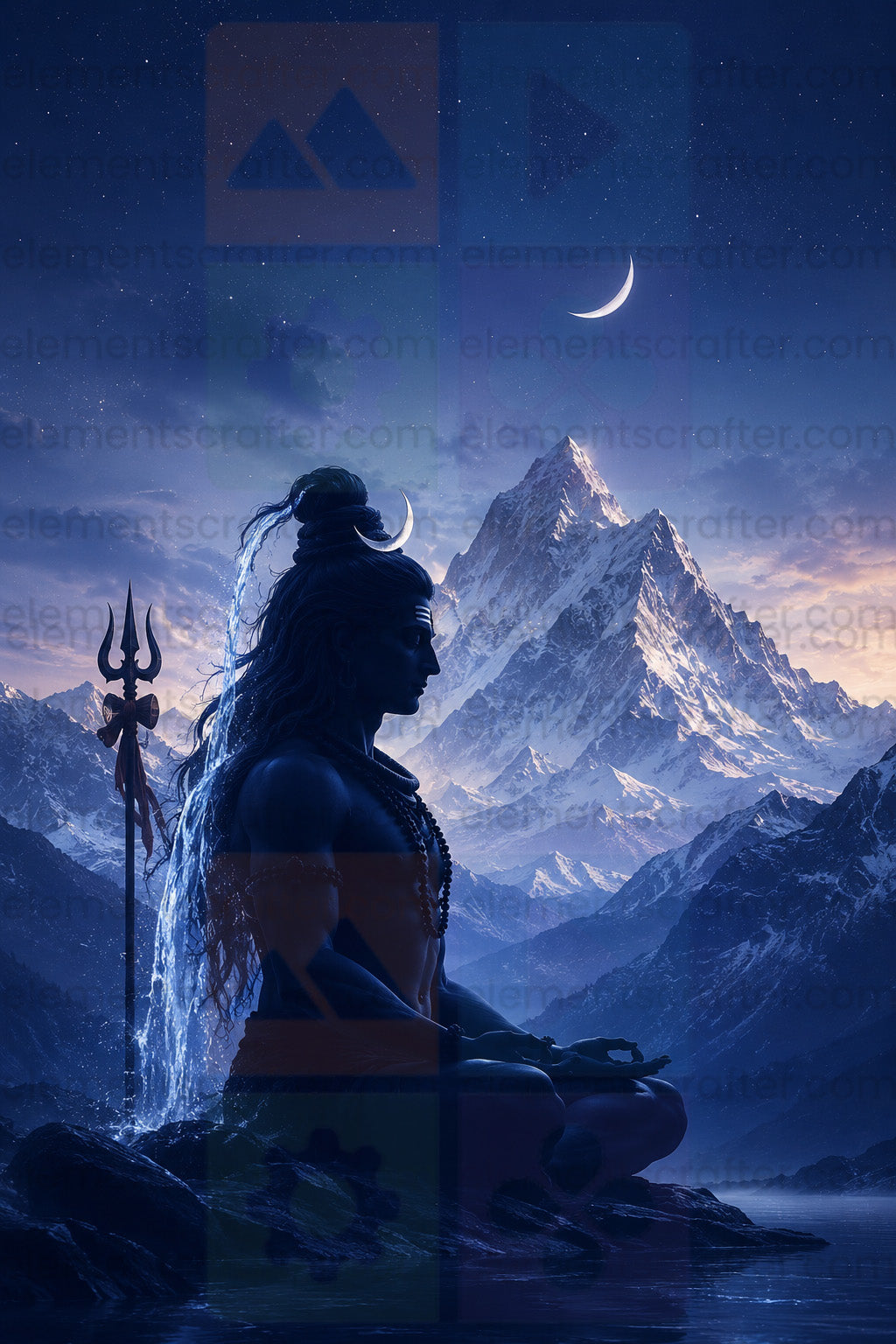 Lord Shiva Meditating in the Himalayas under the Crescent Moon with Trishul, Kailash Mountain Background, Ultra HD Spiritual Digital Artwork, High Resolution PNG, 14999x10000 Pixels, 300 DPI