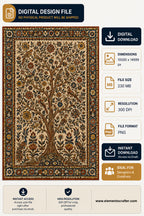 Vintage Tree of Life digital art with birds and peacocks, Persian carpet style botanical illustration with ornate floral border, high resolution 300 DPI PNG wall art