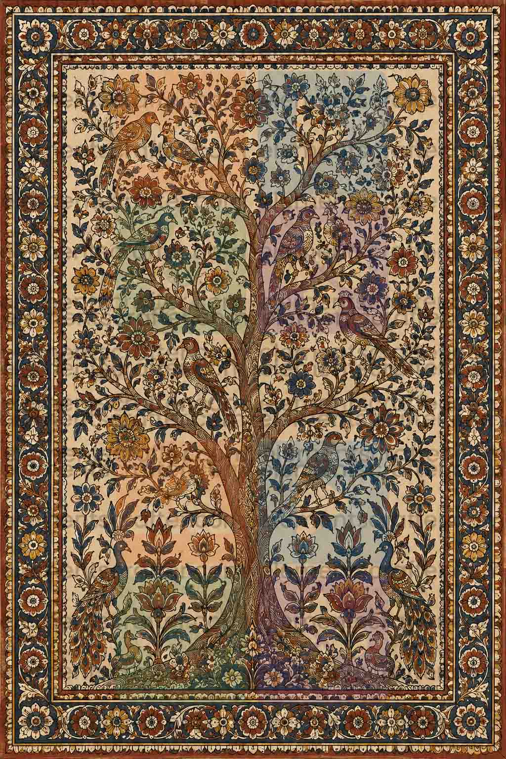 Vintage Tree of Life Digital Art PNG | Persian Carpet Style Birds & Peacocks Design | Antique Botanical Tapestry Wall Art | Ornate Floral Border Poster | Commercial Use | 10000x14999px 300DPI