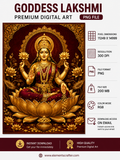 Goddess Lakshmi Sitting on Golden Lotus Holding Lotus Flowers, Gold Coins, Divine Hindu Spiritual Artwork, Premium High Resolution PNG Digital Wall Art, 11249x14999 Pixels, 300 DPI