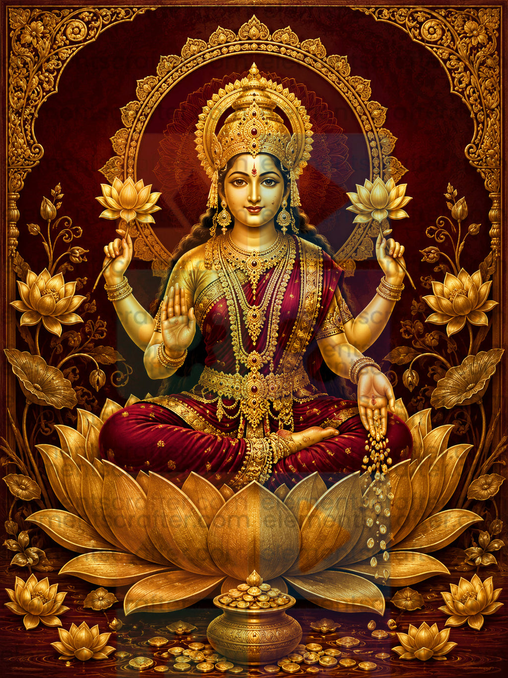 Goddess Lakshmi PNG | Maa Lakshmi Golden Lotus Wall Art | High Resolution Hindu Digital Artwork | 11249×14999 | 300 DPI