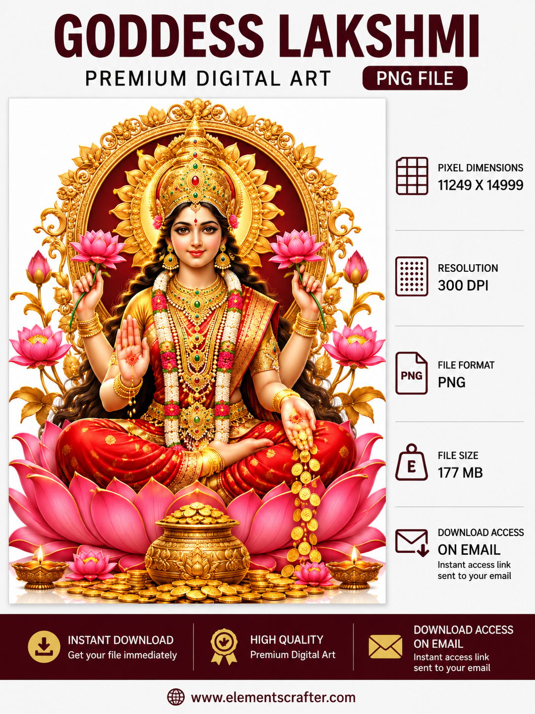 Goddess Lakshmi PNG | Maa Lakshmi Pink Lotus Wall Art | High Resolution Hindu Digital Artwork | 11249×14999 | 300 DPI