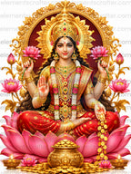 Beautiful Goddess Lakshmi Sitting on Pink Lotus with Gold Coins, Sacred Lotus Flowers, Golden Halo, Hindu Spiritual Wall Art, Premium High Resolution PNG Digital Artwork, 11249x14999 Pixels, 300 DPI