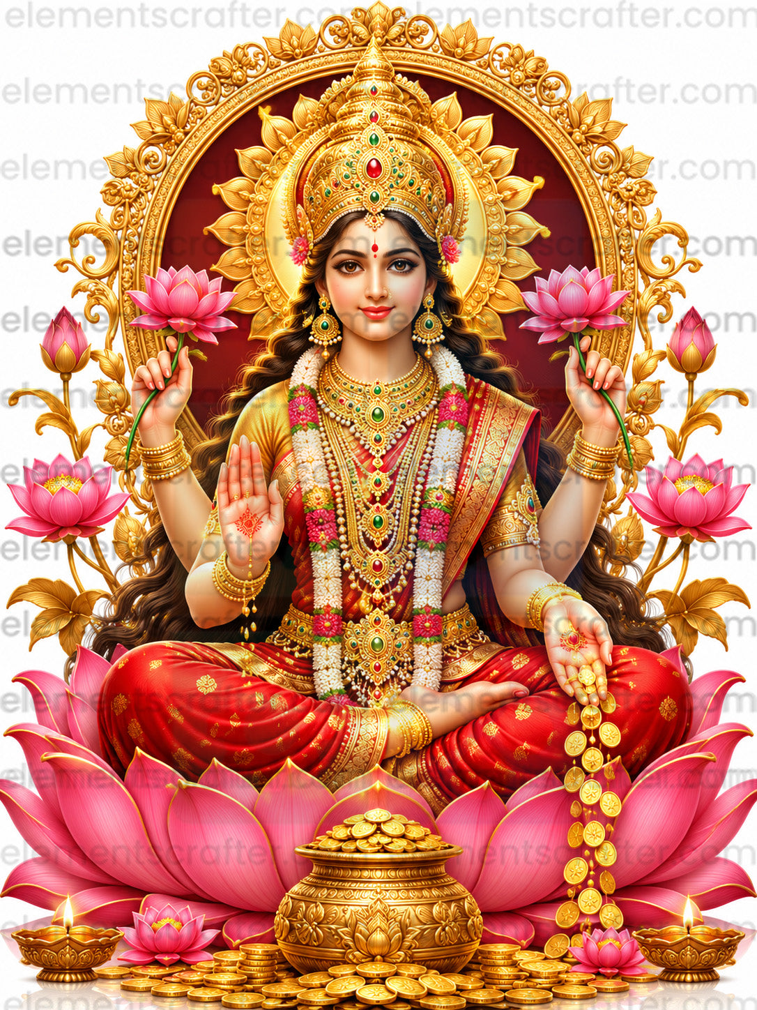 Beautiful Goddess Lakshmi Sitting on Pink Lotus with Gold Coins, Sacred Lotus Flowers, Golden Halo, Hindu Spiritual Wall Art, Premium High Resolution PNG Digital Artwork, 11249x14999 Pixels, 300 DPI