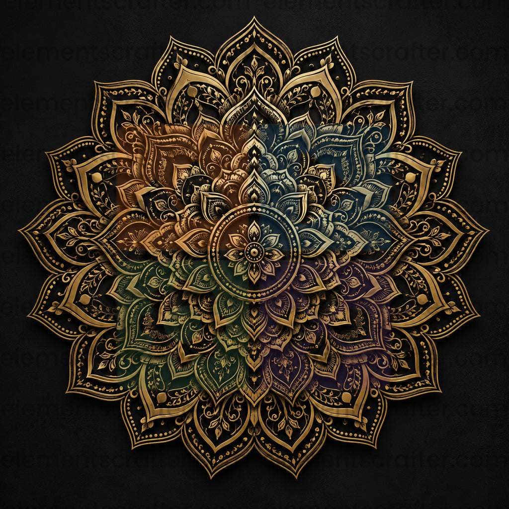 Luxury Gold Mandala on Black Background, Intricate Sacred Floral Geometric Pattern, Premium High Resolution PNG Digital Artwork, Decorative Wall Art Design, 15000x15000 Pixels, 300 DPI
