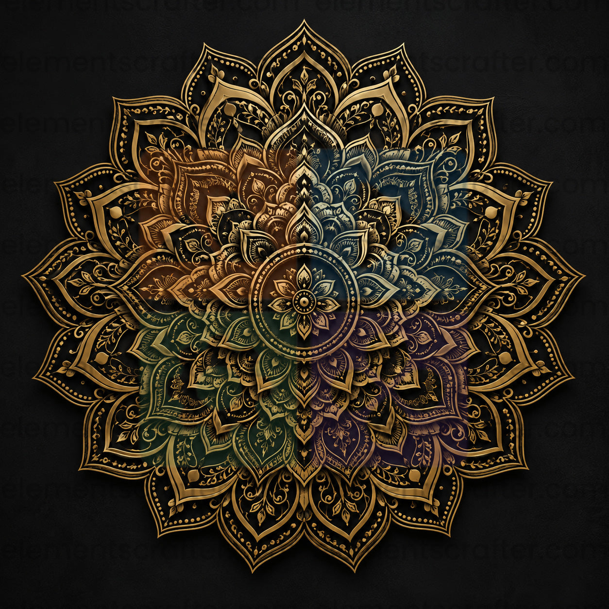 Luxury Gold Mandala on Black Background, Intricate Sacred Floral Geometric Pattern, Premium High Resolution PNG Digital Artwork, Decorative Wall Art Design, 15000x15000 Pixels, 300 DPI