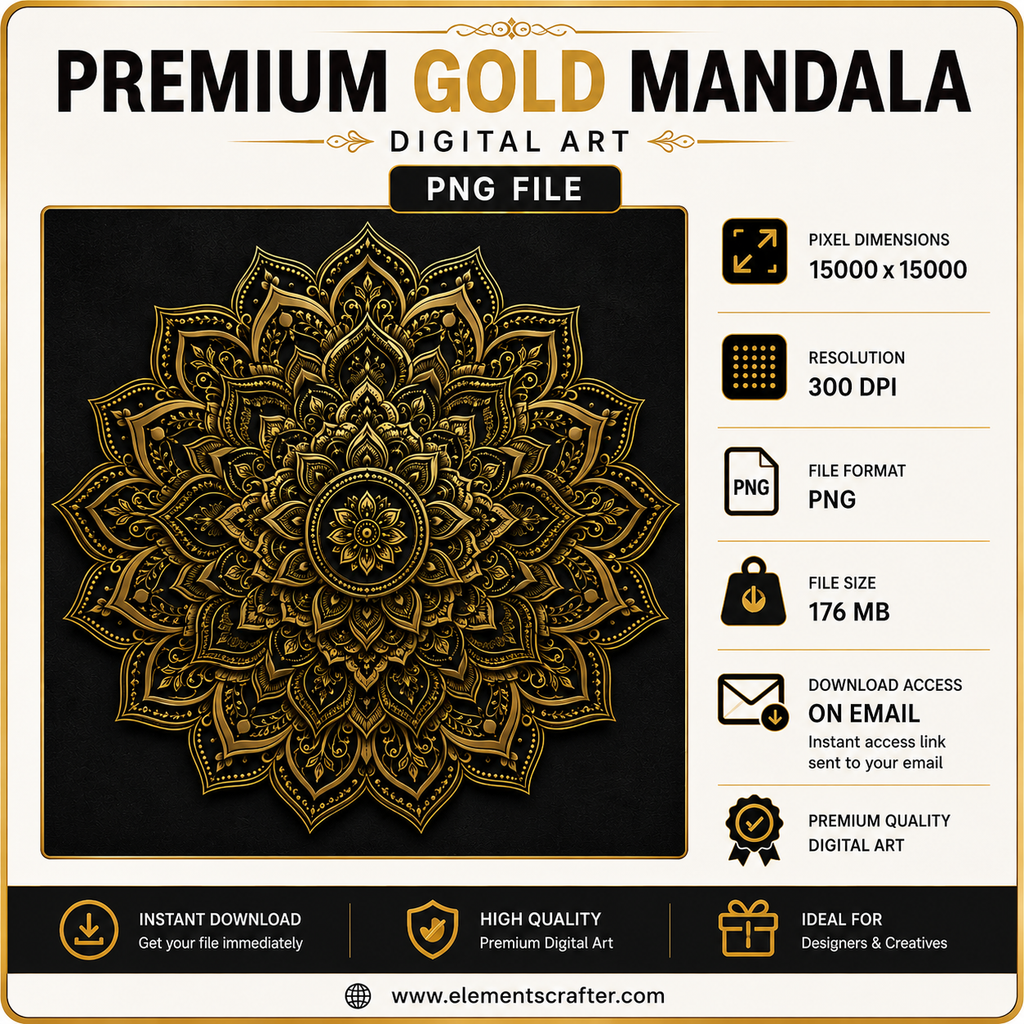 Premium Gold Mandala PNG | Luxury Sacred Geometric Wall Art | High Resolution Digital Artwork | 15000×15000 | 300 DPI