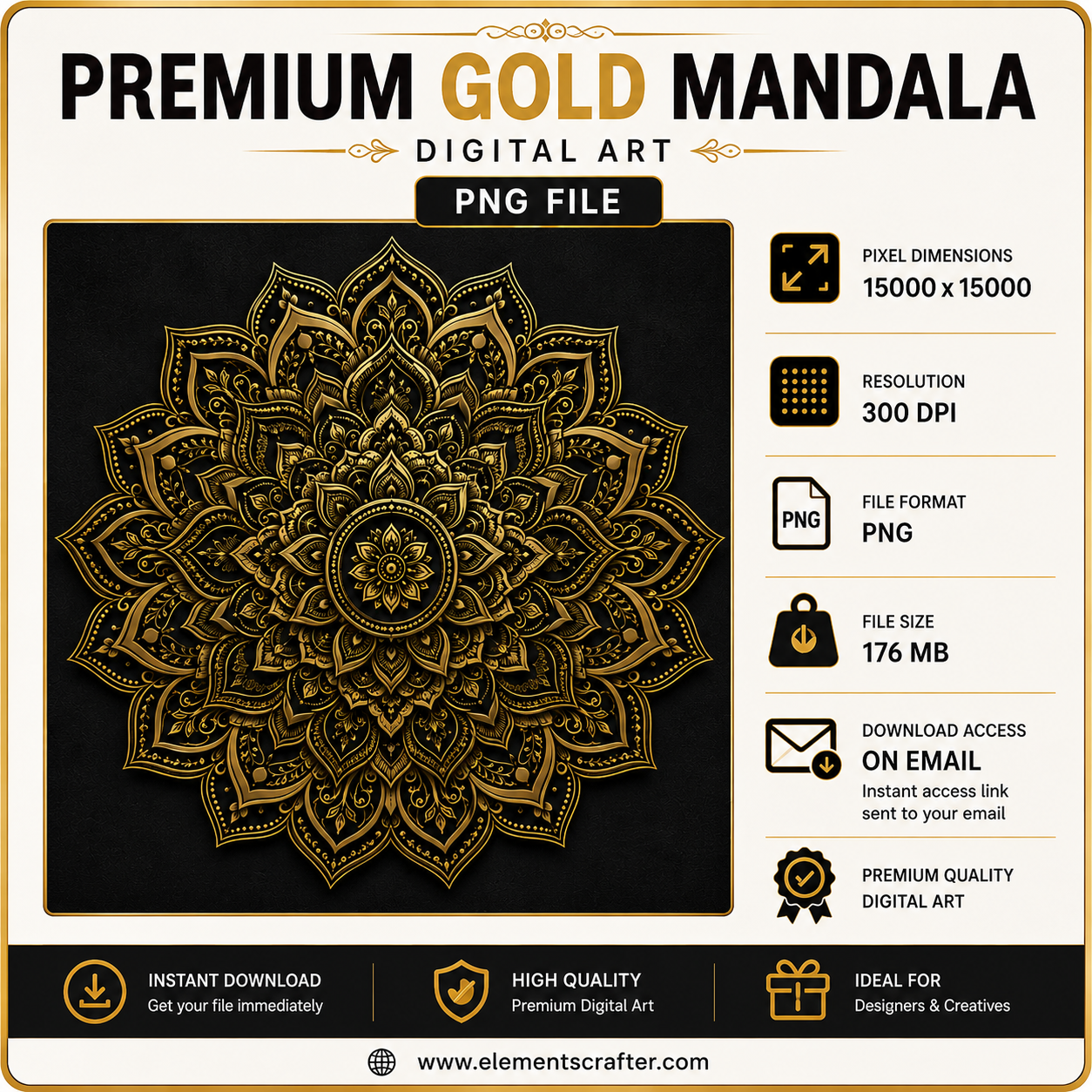 Premium Gold Mandala PNG | Luxury Sacred Geometric Wall Art | High Resolution Digital Artwork | 15000×15000 | 300 DPI