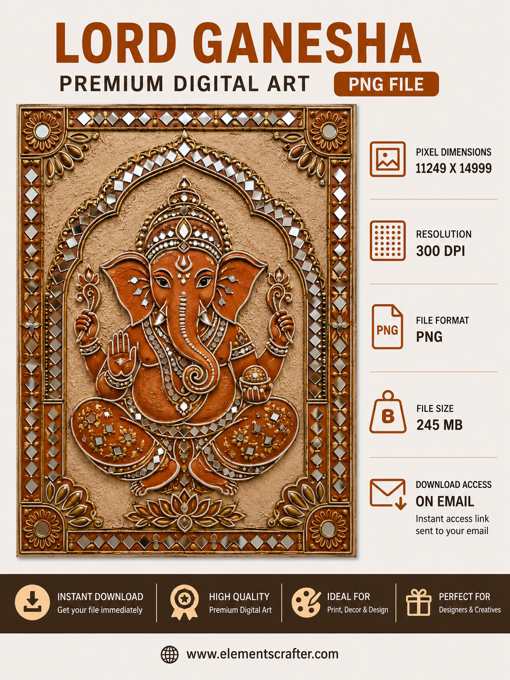 Traditional Lord Ganesha Lippan Mud Art with Mirror Work Border, Premium Indian Clay Wall Art, Decorative Hindu Digital Artwork, High Resolution PNG, 11249x14999 Pixels, 300 DPI