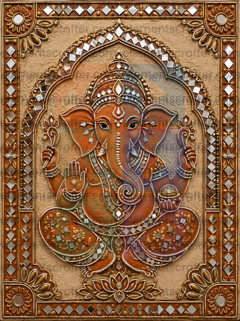 Lord Ganesha PNG | Traditional Lippan Mud Art Ganesha Decor | Premium Indian Mirror Work Digital Artwork | Ultra HD 11249×14999 px | 300 DPI