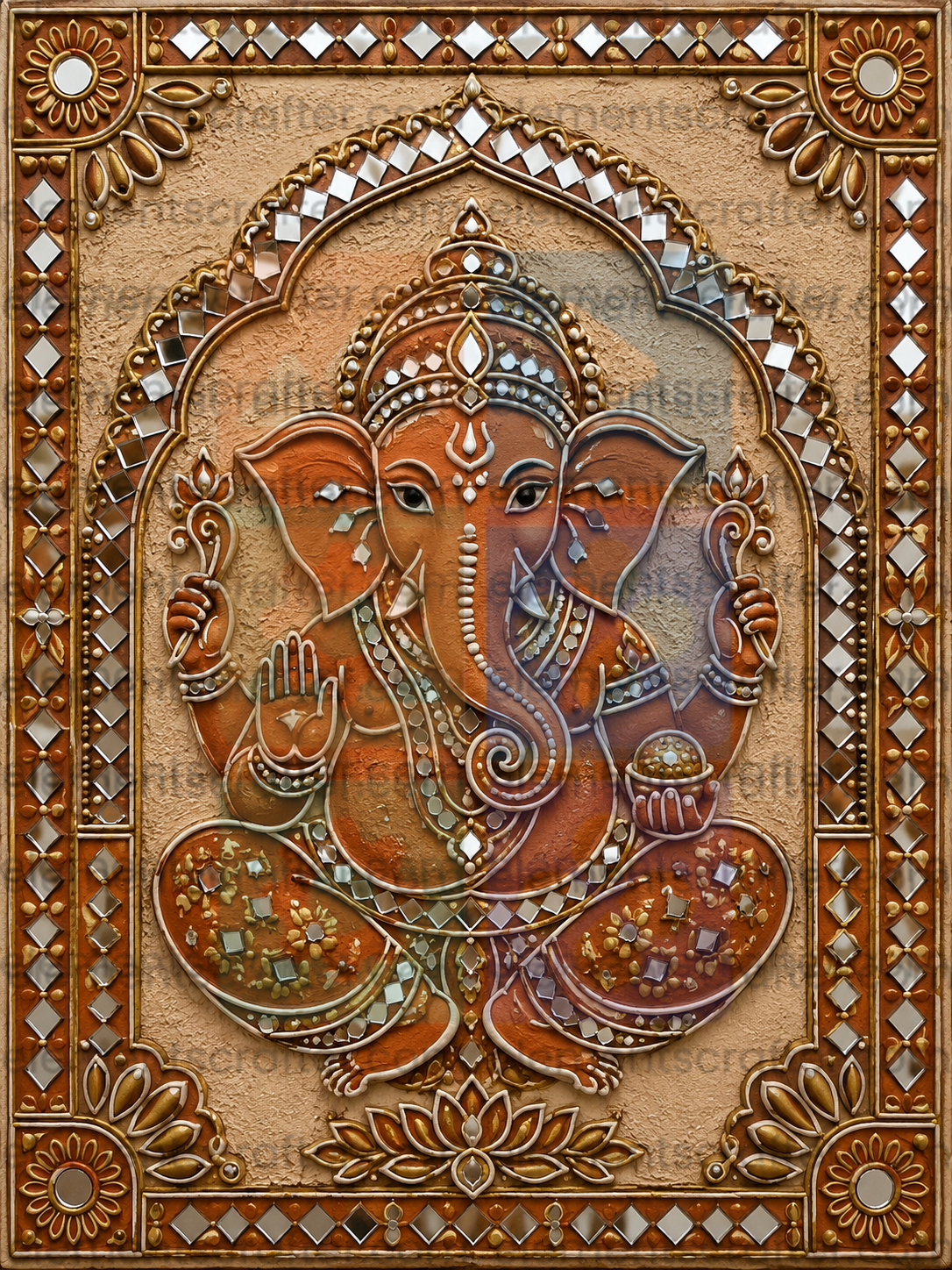 Lord Ganesha PNG | Traditional Lippan Mud Art Ganesha Decor | Premium Indian Mirror Work Digital Artwork | Ultra HD 11249×14999 px | 300 DPI