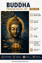 Golden Buddha Meditation Portrait with Lotus Flower, Zen Spiritual Wall Art, Luxury Buddhist Digital Artwork, High Resolution PNG, 10000x14999 Pixels, 300 DPI