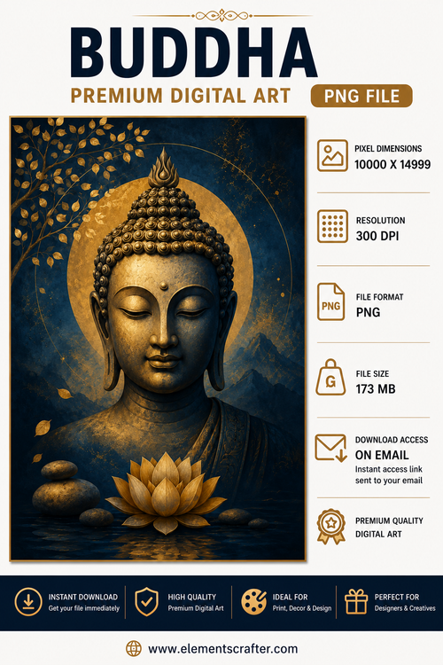 Golden Buddha Meditation Portrait with Lotus Flower, Zen Spiritual Wall Art, Luxury Buddhist Digital Artwork, High Resolution PNG, 10000x14999 Pixels, 300 DPI