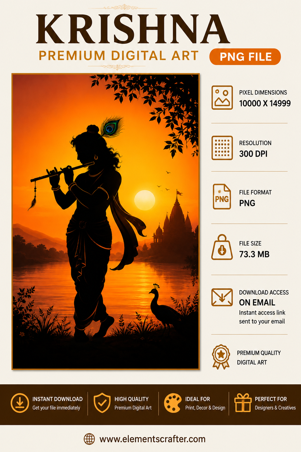 Lord Krishna Silhouette Playing Flute at Sunset with Peacock, Temple and River Landscape, Premium Hindu Spiritual Digital Artwork, High Resolution PNG, 10000x14999 Pixels, 300 DPI
