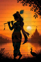 Lord Krishna Silhouette PNG | Sunset Krishna Flute Wall Art | High Resolution Hindu Digital Artwork | 10000×14999 | 300 DPI
